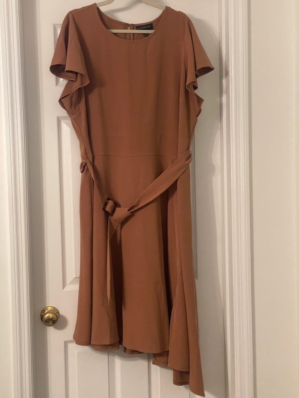 Lane Bryant Rust Asymmetrical Flutter-Sleeve Dress with Belt